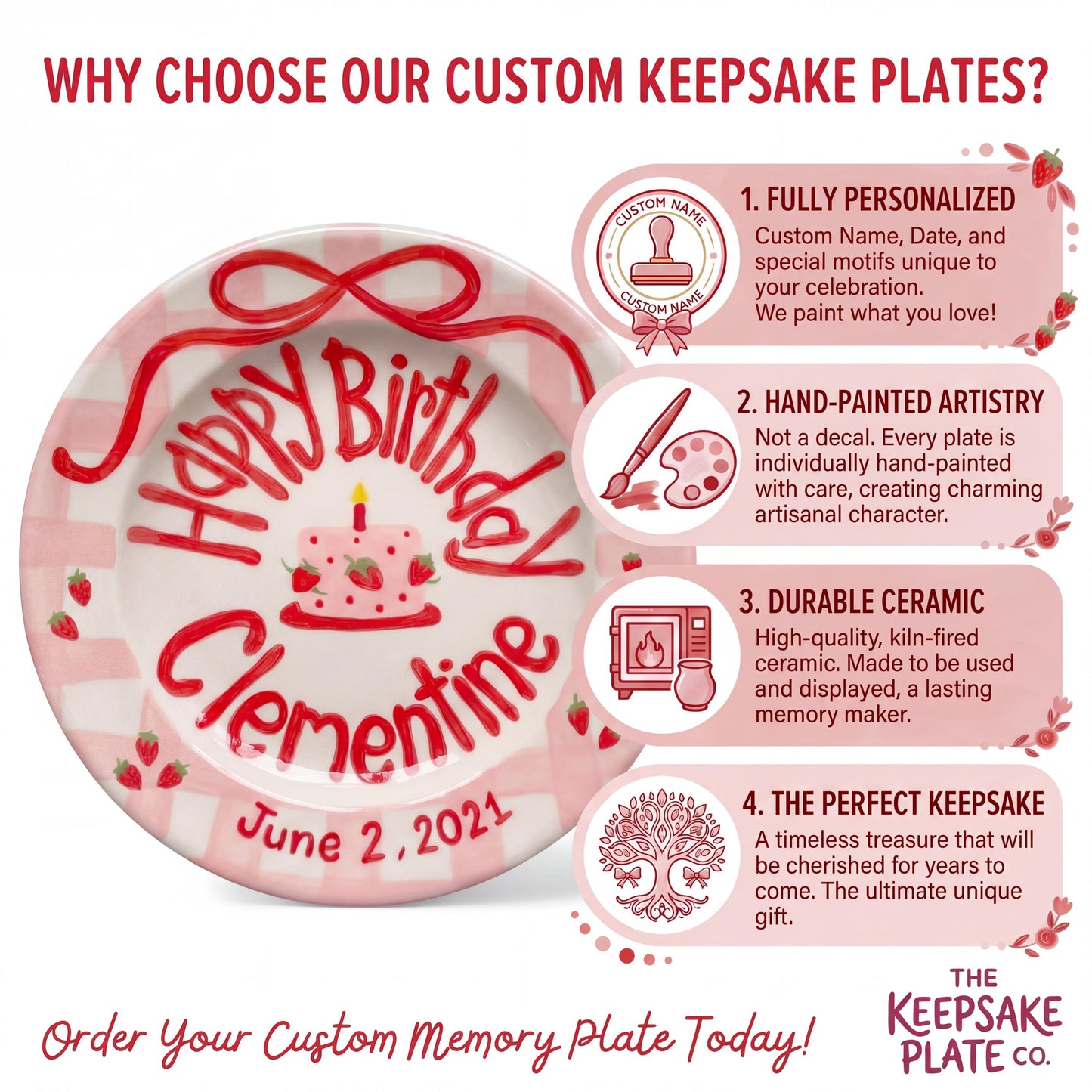 Personalized Birthday Plate – Pink Checkered Strawberry Cake & Bow Design | B071