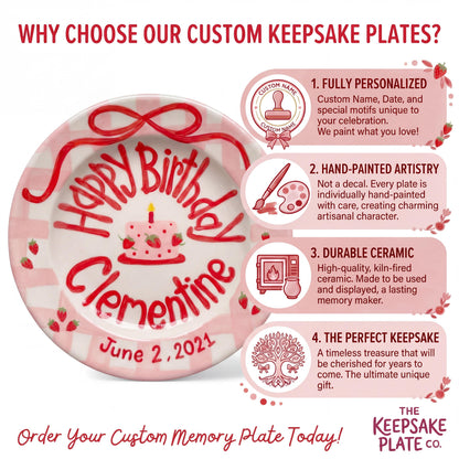 Personalized Birthday Plate – Pink Checkered Strawberry Cake & Bow Design | B071