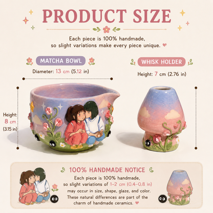 Spirited Away Chihiro & Haku 3D Handcrafted Ceramic Matcha Bowl and Whisk Holder Set • HX23