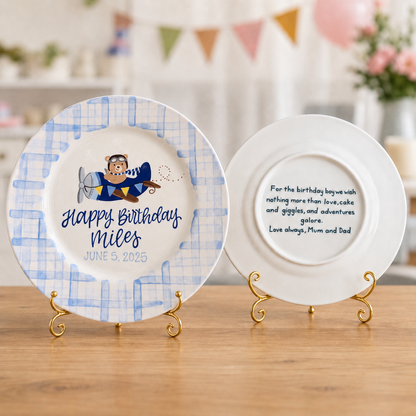 Personalized Birthday Plate for Boy, Airplane Ceramic Keepsake, Custom Name Birthday Plate | BGI023
