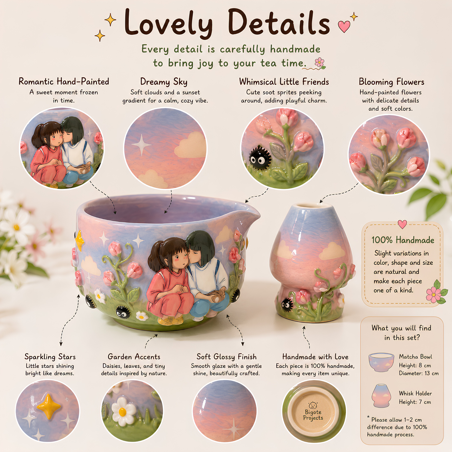 Spirited Away Chihiro & Haku 3D Handcrafted Ceramic Matcha Bowl and Whisk Holder Set • HX23