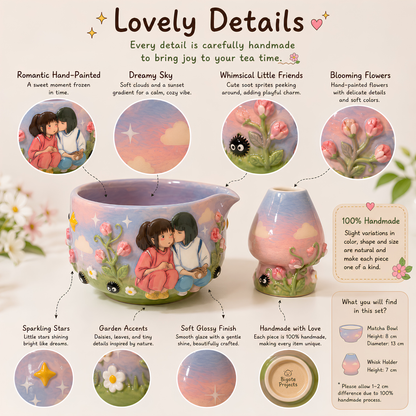 Spirited Away Chihiro & Haku 3D Handcrafted Ceramic Matcha Bowl and Whisk Holder Set • HX23