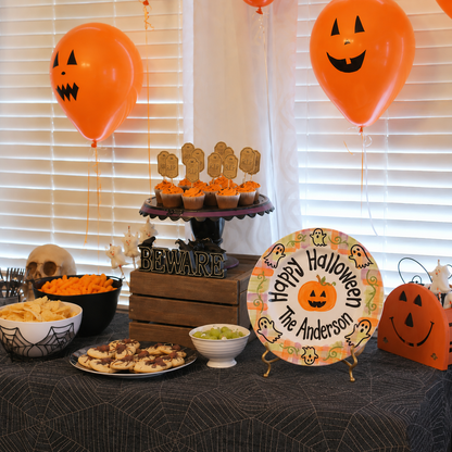 Custom Hand Painted Halloween Ceramic Plate, Plaid Ghost Pumpkin Plate, Personalized Family Name Dish, Halloween Decor Keepsake | H003