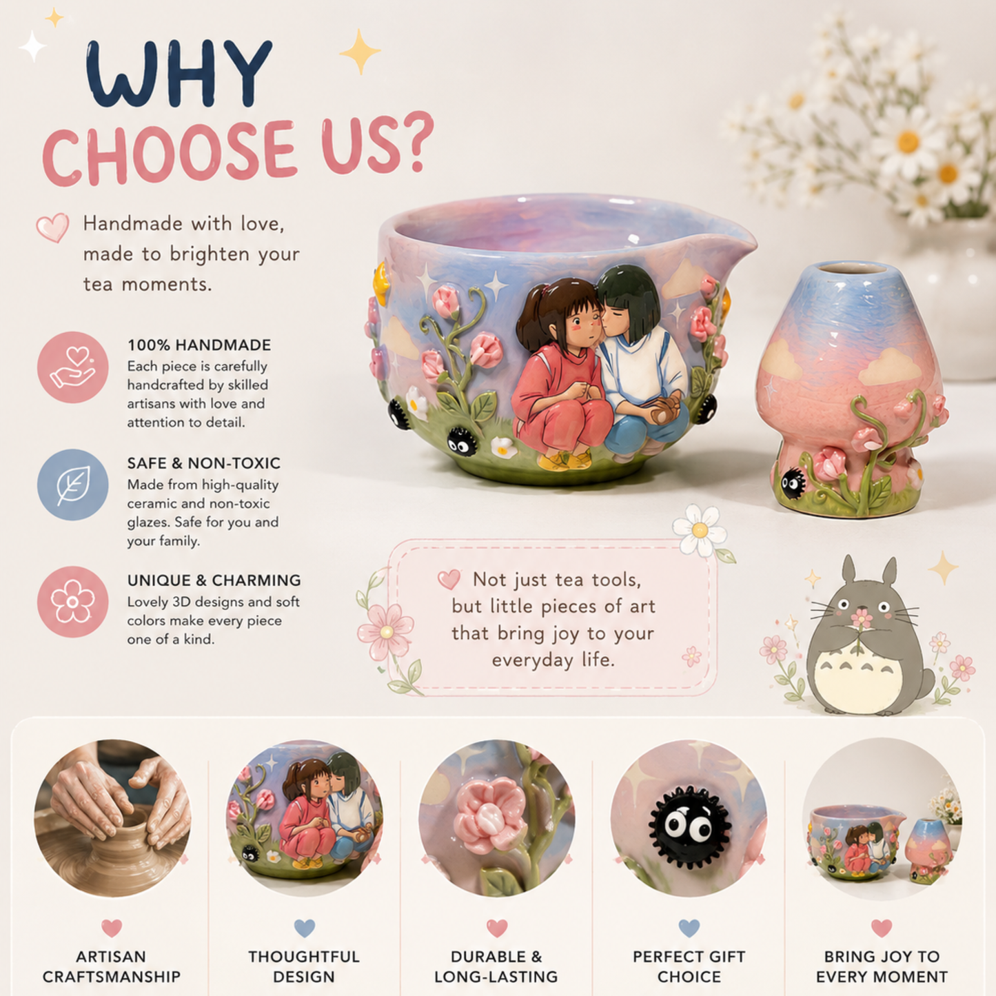 Spirited Away Chihiro & Haku 3D Handcrafted Ceramic Matcha Bowl and Whisk Holder Set • HX23