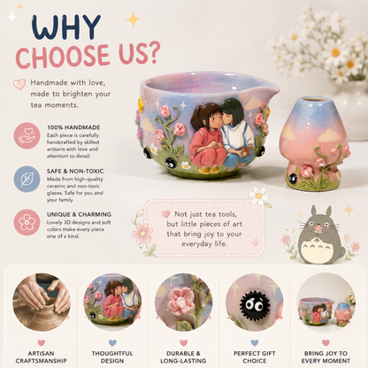 Spirited Away Chihiro & Haku 3D Handcrafted Ceramic Matcha Bowl and Whisk Holder Set • HX23