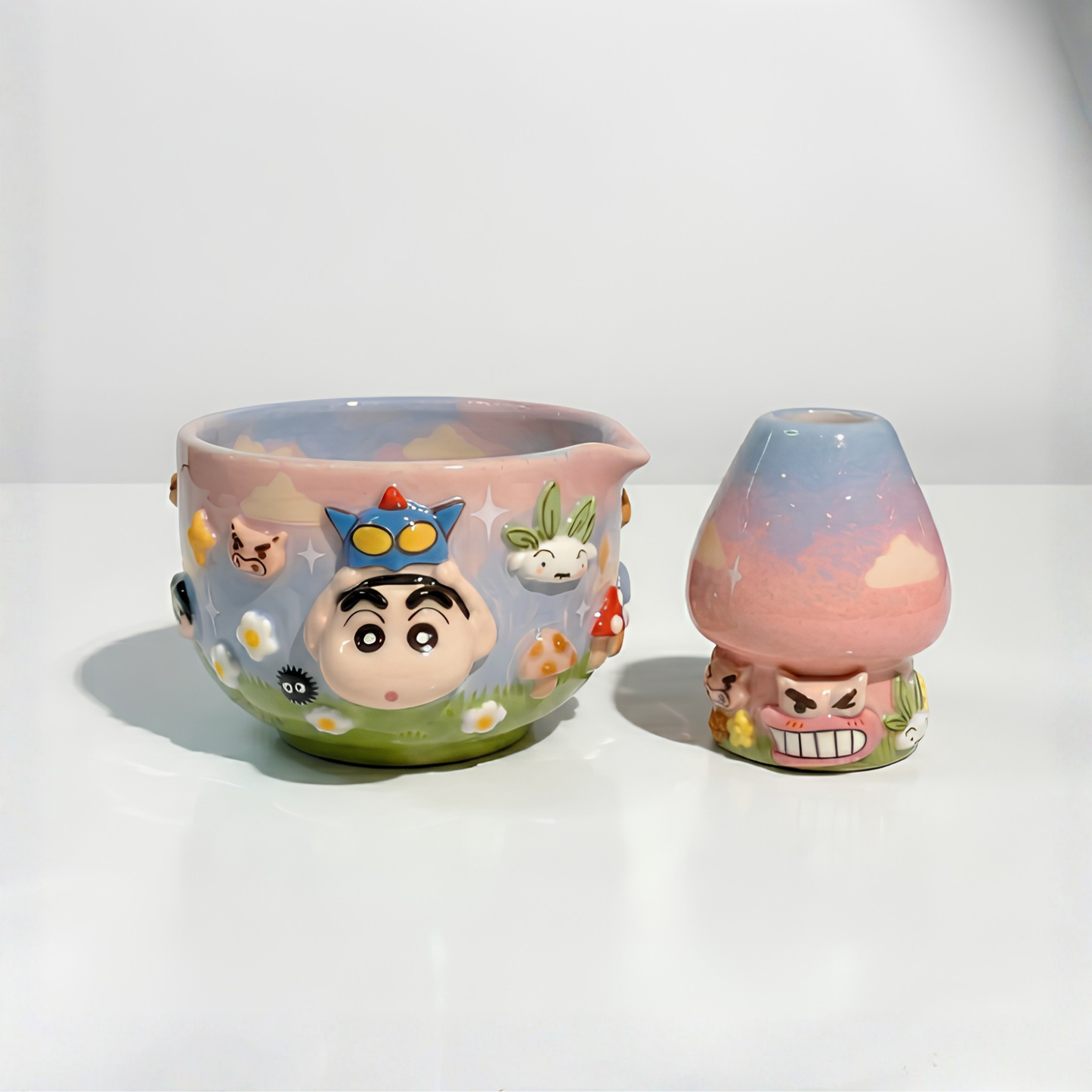 Crayon Shin-chan Action Kamen 3D Handcrafted Ceramic Matcha Bowl and Whisk Holder Set • HX26