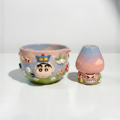 Crayon Shin-chan Action Kamen 3D Handcrafted Ceramic Matcha Bowl and Whisk Holder Set • HX26