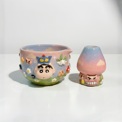 Crayon Shin-chan Action Kamen 3D Handcrafted Ceramic Matcha Bowl and Whisk Holder Set • HX26