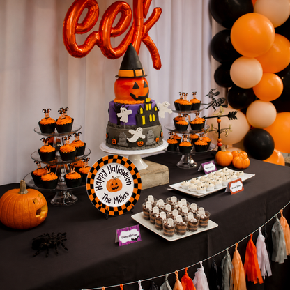 Personalized Halloween Plate, Custom Family Name Ceramic Plate, Orange Black Checkerboard Dish, Pumpkin Keepsake | H004