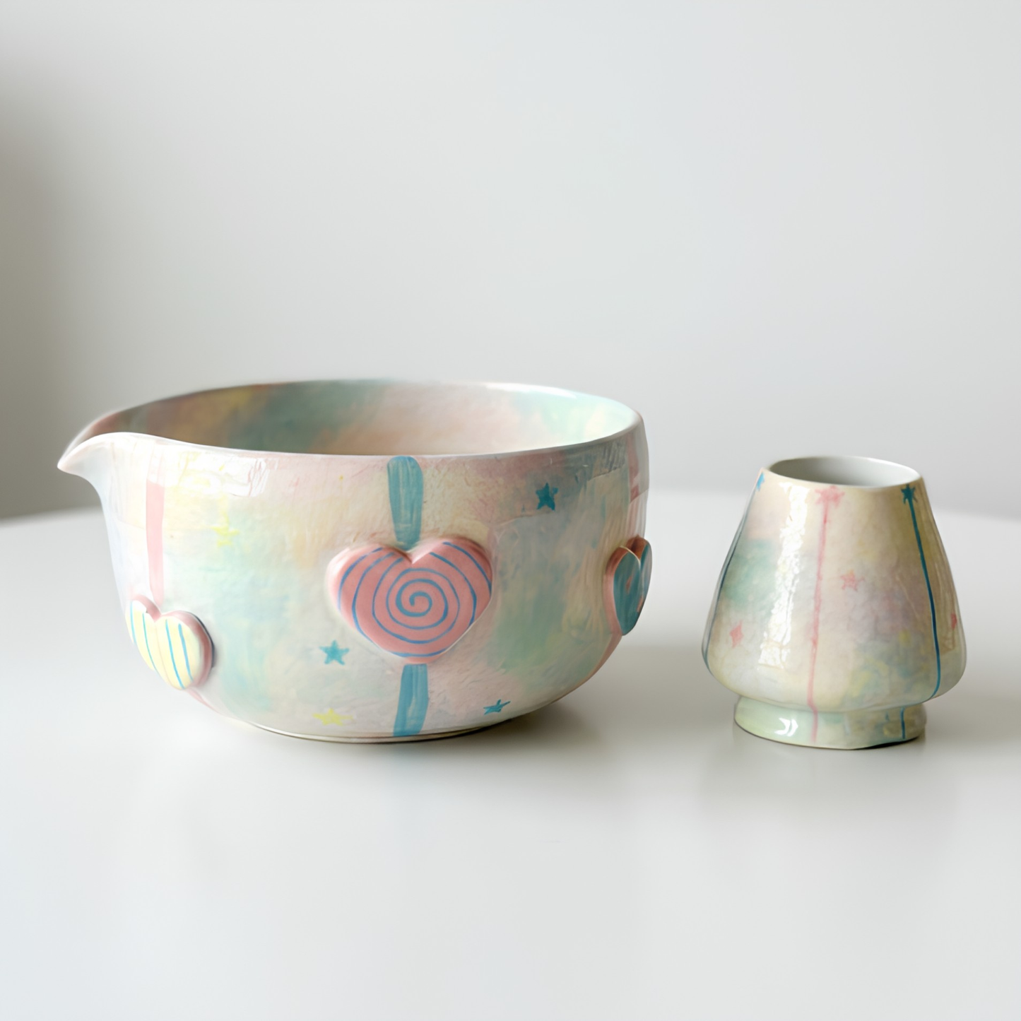 Handcrafted Pastel Sparkle Ceramic Matcha Bowl and Whisk Holder Set • HX40