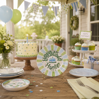 Personalized Green Blue Birthday Plate, Custom Ceramic Birthday Dish, Striped Cake Plate, Boys Birthday Tradition Heirloom Keepsake | B002