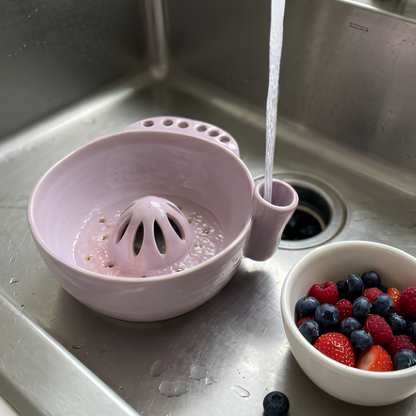Handcrafted Ceramic Berry Colander with Water Spout, Self Draining Fruit Washing Bowl, Pottery Strainer Bowl • HX41