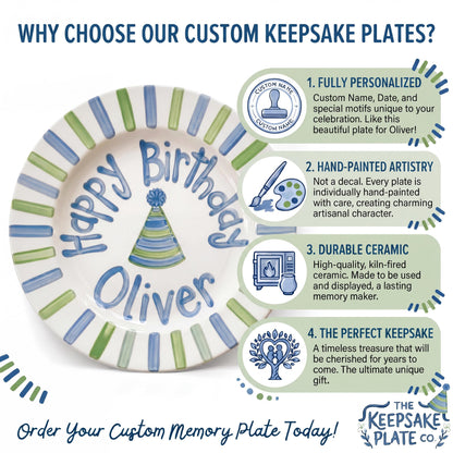 Personalized Birthday Plate – Blue and Green Striped Border & Party Hat Design | B048