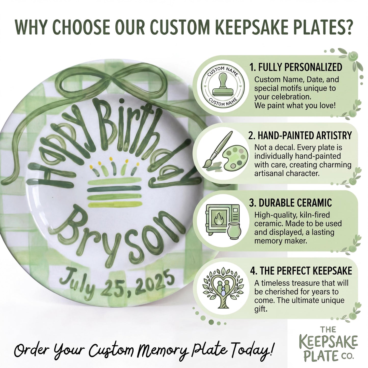 Personalized Birthday Plate – Green Gingham Bow & Cake Design | B058