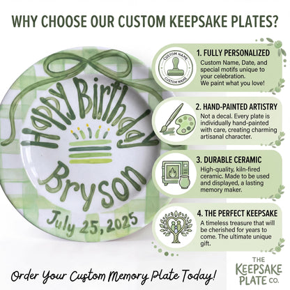 Personalized Birthday Plate – Green Gingham Bow & Cake Design | B058