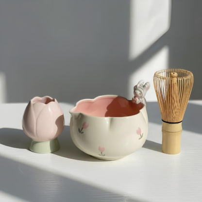Handmade Bunny Matcha Tea Set - Cute Rabbit Chawan, Ceramic Matcha Bowl with Tulip Whisk Holder, Kawaii Tea Lover Gift | LA043