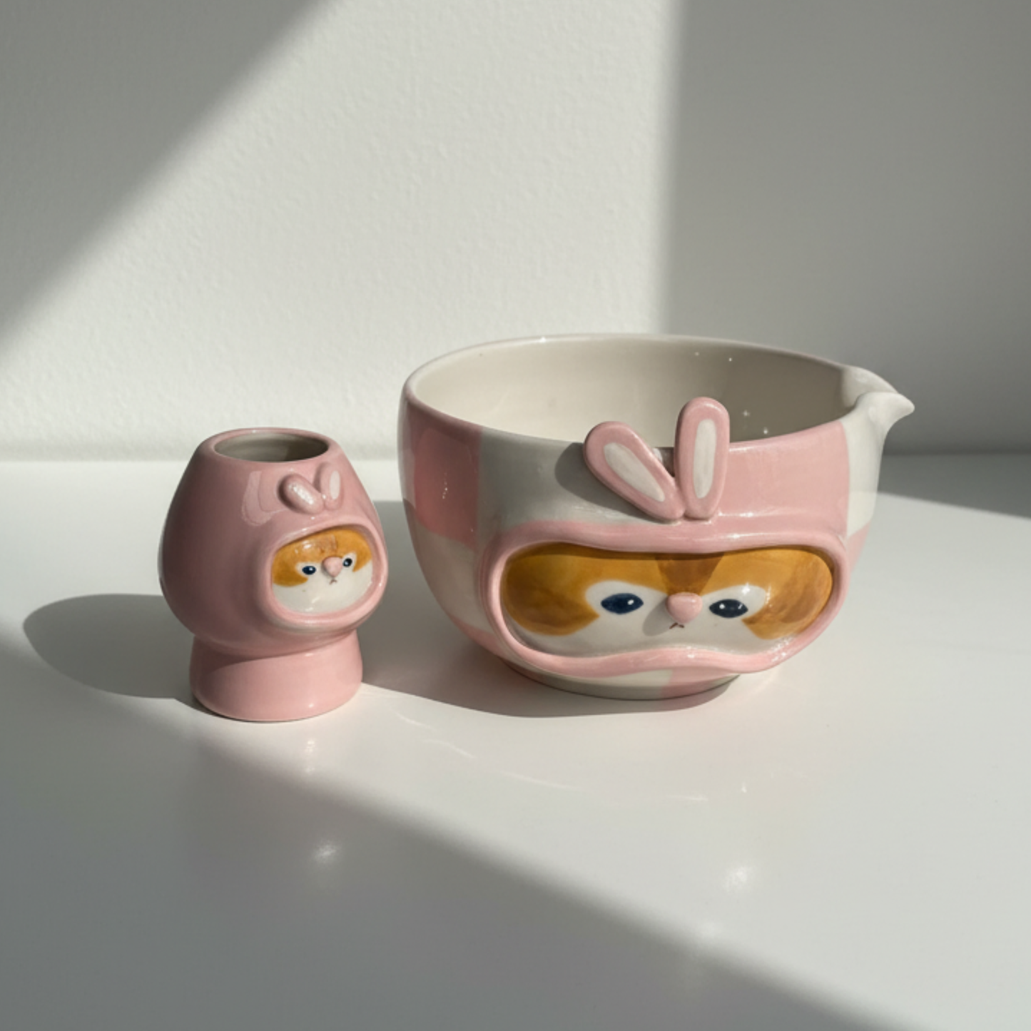 Kawaii Handcrafted Ceramic Pilot Squirrel Matcha Bowl and Whisk Holder Set – Pink Checkerboard Edition • HX28