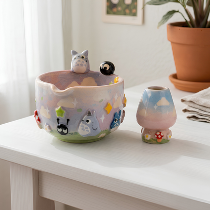 Totoro Matcha Bowl Set, Woodland Inspired Pottery, Anime Inspired Decor| Handmade Ceramic Chawan | LA023
