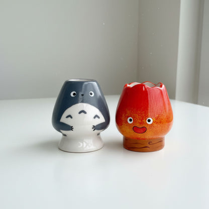Ghibli Calcifer Fire 3D Handcrafted Ceramic Matcha Bowl and Totoro Whisk Holder Set • HX13