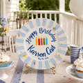 Custom Name Birthday Plate – Light Blue Stripe Rim with Birthday Candles | BGI004