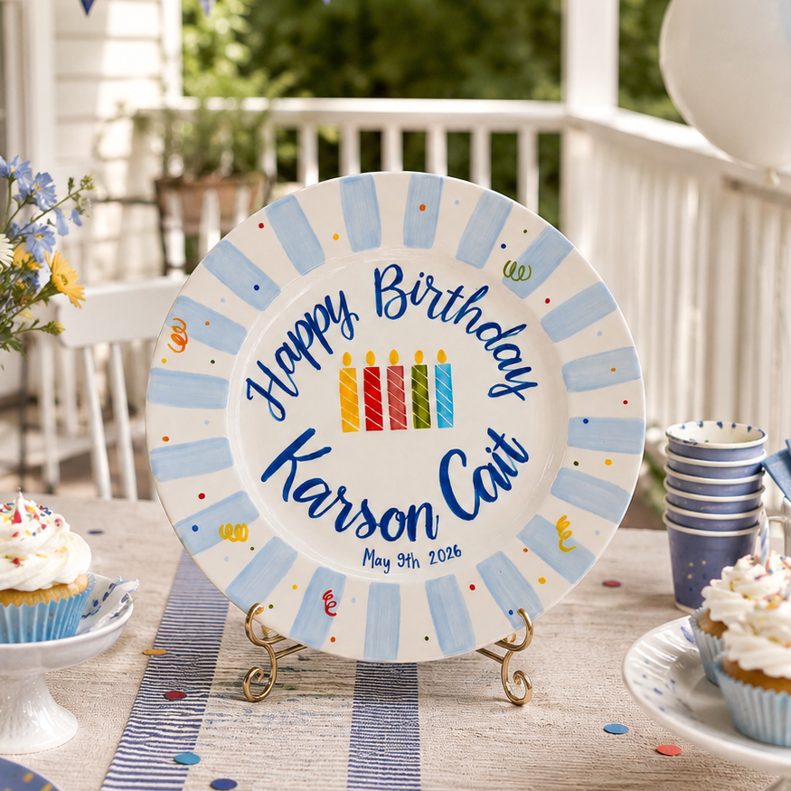Custom Name Birthday Plate – Light Blue Stripe Rim with Birthday Candles | BGI004