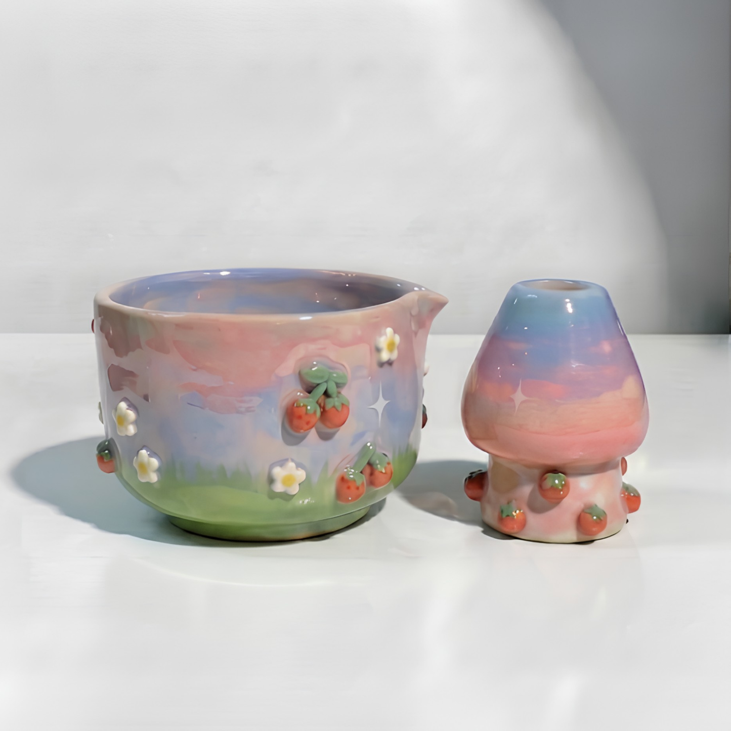 Handmade Cute Tomato Ceramic Matcha Bowl Set | Kawaii Spouted Chawan & Whisk Holder • HX54