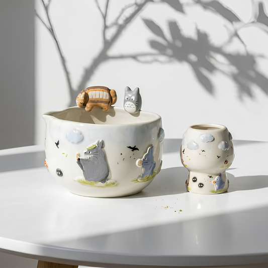 Studio Ghibli Inspired Totoro & Catbus Matcha Set–Handcrafted Ceramic Tea Bowl • HX01
