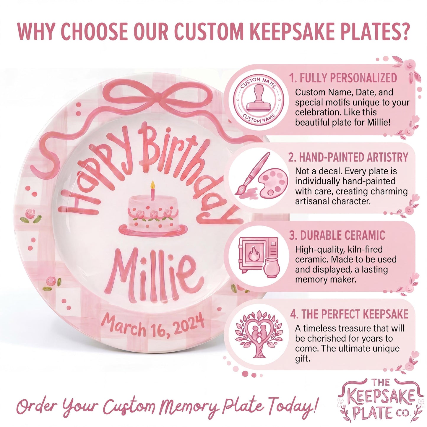 Personalized Birthday Plate – Pink Gingham Bow & Floral Cake Design | B059