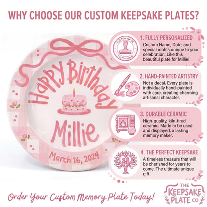 Personalized Birthday Plate – Pink Gingham Bow & Floral Cake Design | B059