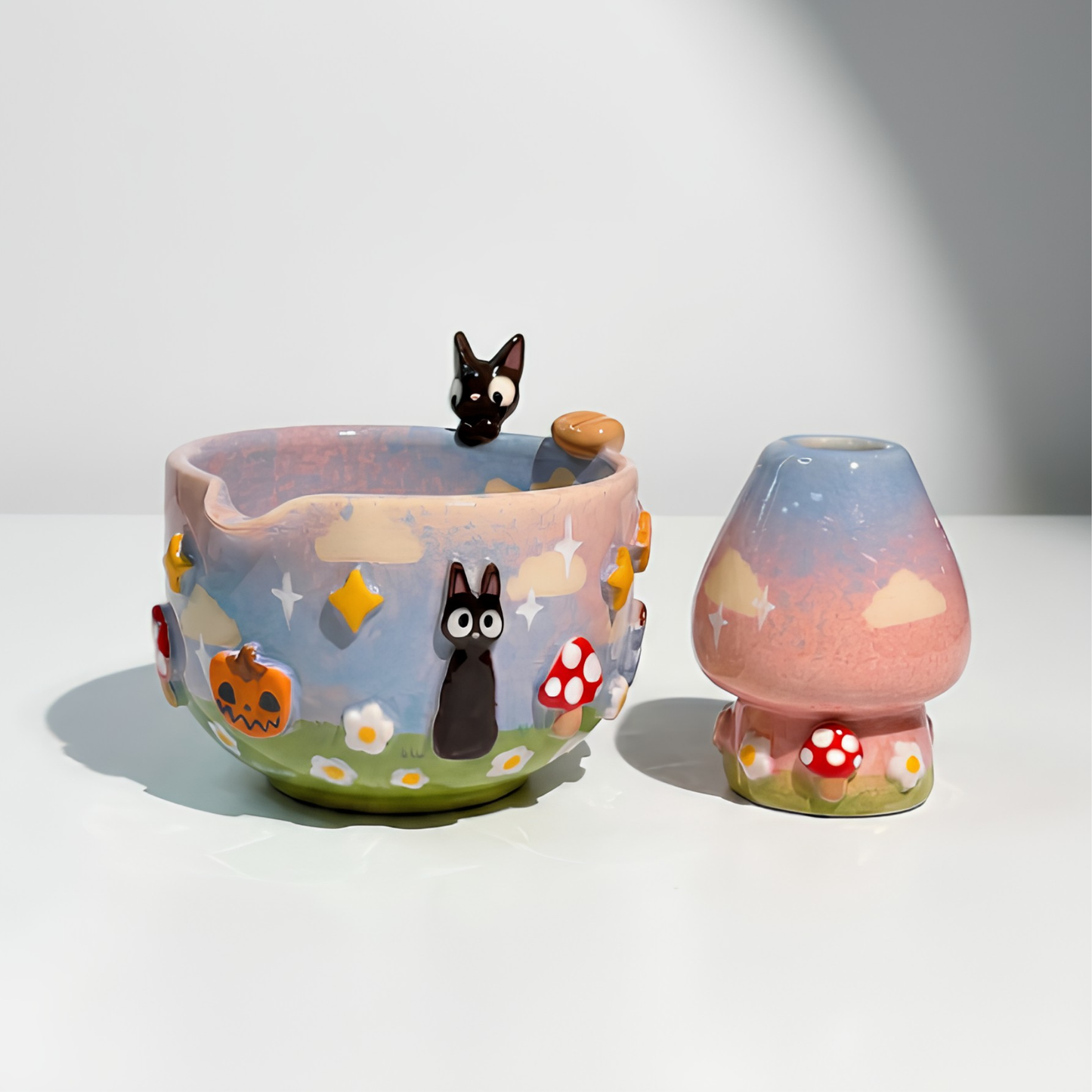 Studio Ghibli Jiji the Black Cat & Mushroom 3D Handcrafted Ceramic Matcha Bowl and Whisk Holder Set • HX19