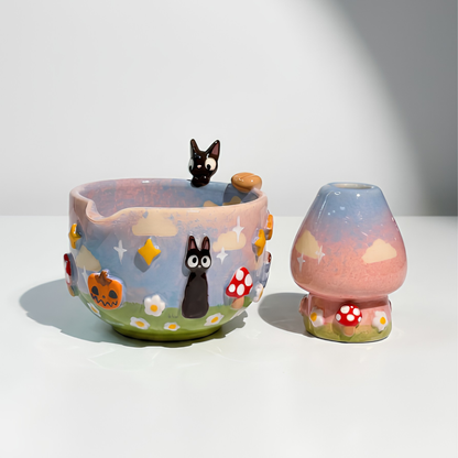 Studio Ghibli Jiji the Black Cat & Mushroom 3D Handcrafted Ceramic Matcha Bowl and Whisk Holder Set • HX19