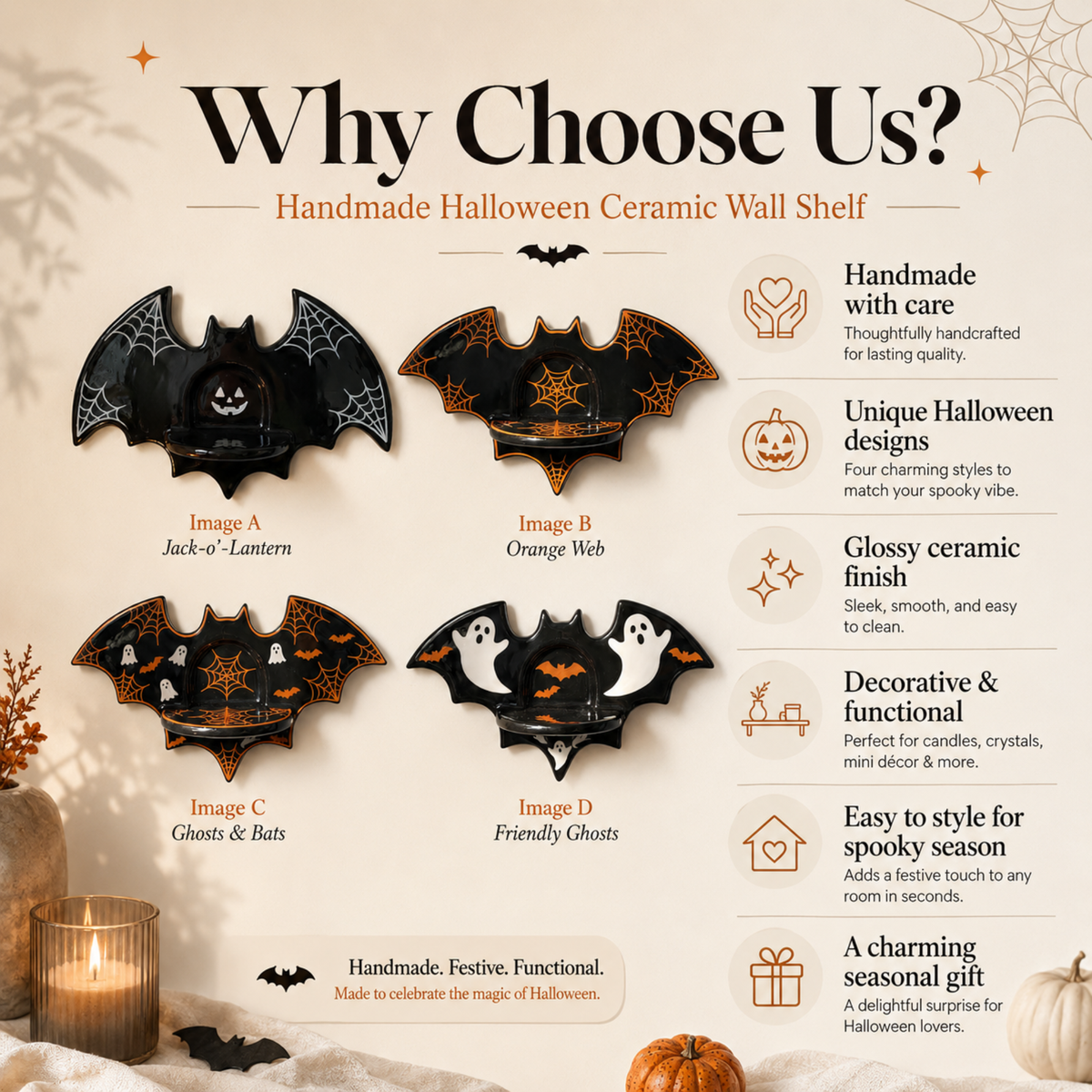 Handmade Ceramic Halloween Ghost Wall Sconce Candle Holder, Vintage Spooky Black Bat Tealight Holder Wall Hanging, Halloween Decor • HX61