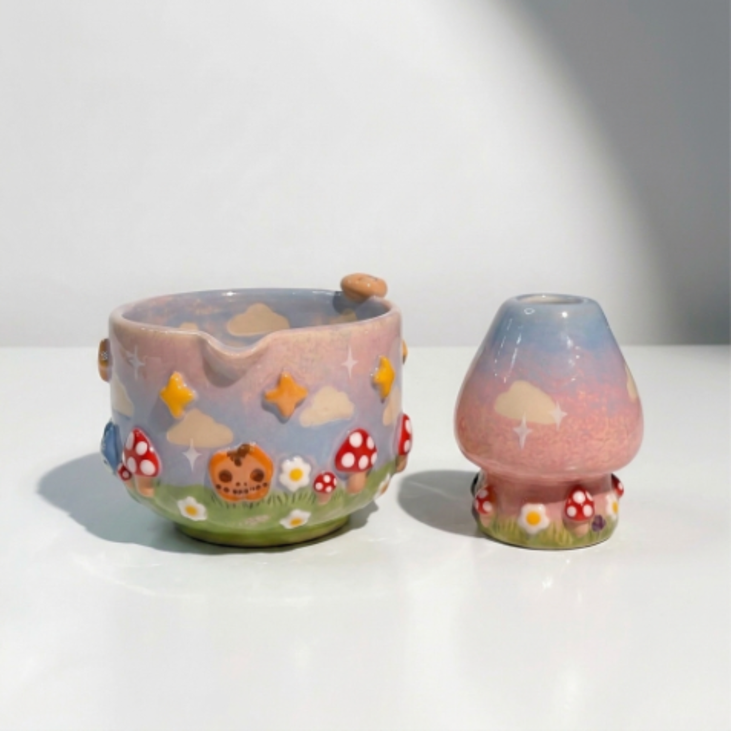 Spirited Away Boh Mouse & Soot Sprite 3D Handcrafted Ceramic Matcha Bowl and Whisk Holder Set • HX29