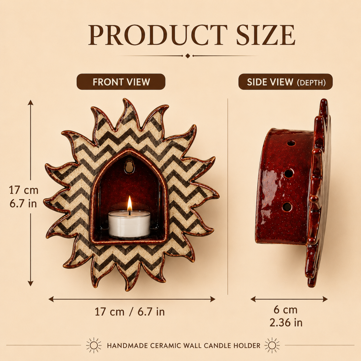 Sunburst Chevron Pattern Tealight Holder – Handcrafted Ceramic Wall Candle Sconce – Whimsical Bohemian Wall Decor • HX31