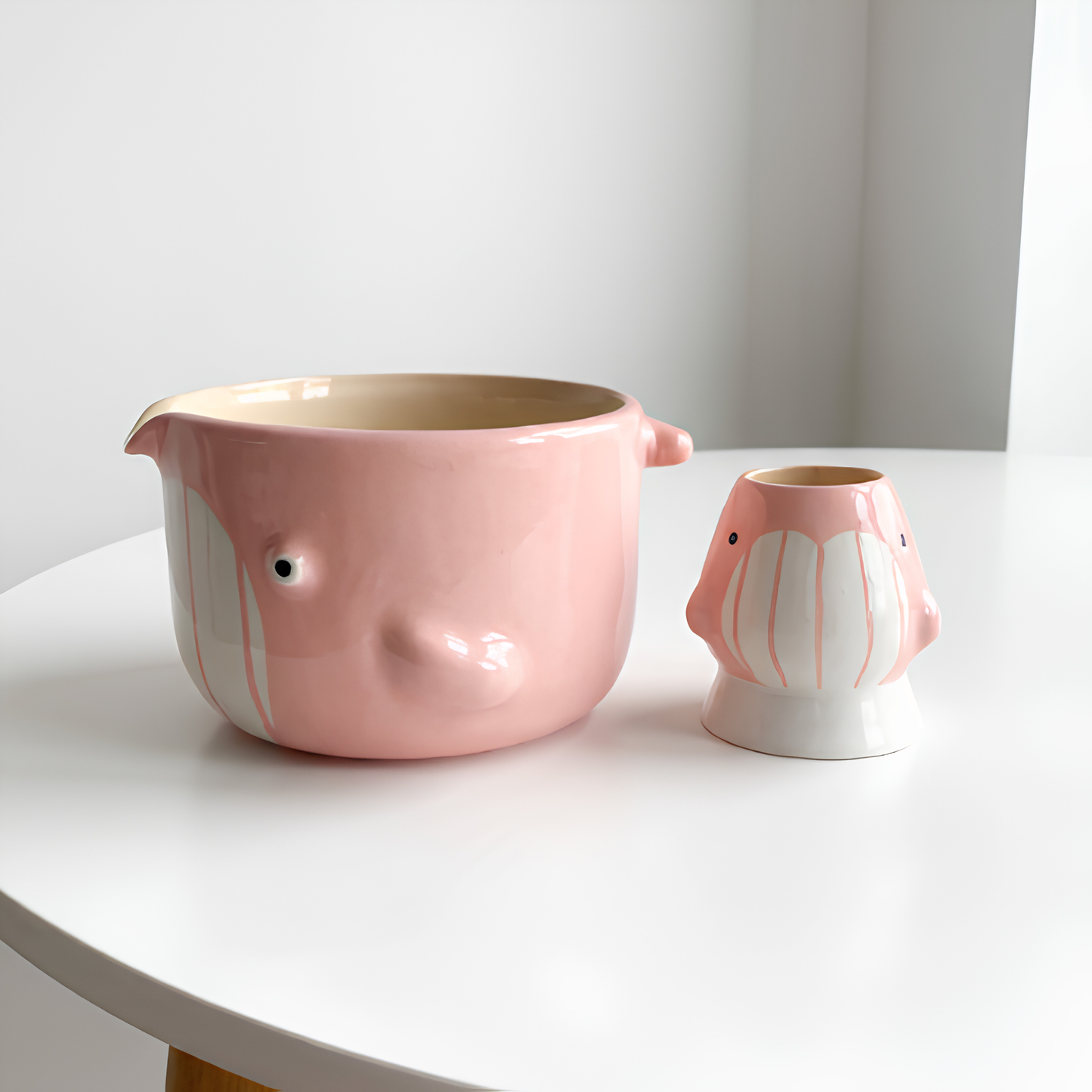 Cute Pink Dolphin Ceramic Matcha Bowl and Whisk Holder Set – Handcrafted Pastel Matchawan • HX13