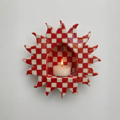 Handcrafted Burgundy Polka Dot Sun Ceramic Wall Candle Sconce • HX37