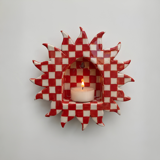 Handcrafted Red and White Checkerboard Sun Ceramic Wall Candle Sconce • HX36