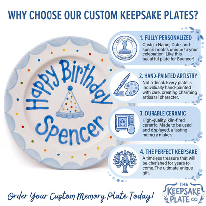 Personalized Birthday Plate – Polka Dot Party Hat & Blue Scalloped Border Design | B053