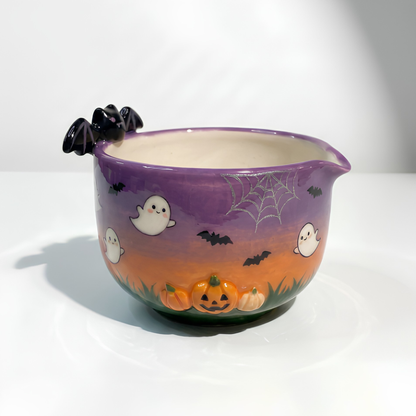 Cute Spooky Halloween Ceramic Matcha Set, Handcrafted Ghost & Pumpkin Matchawan Bowl with Spout and Bat, Spooky Season Gift • HX45