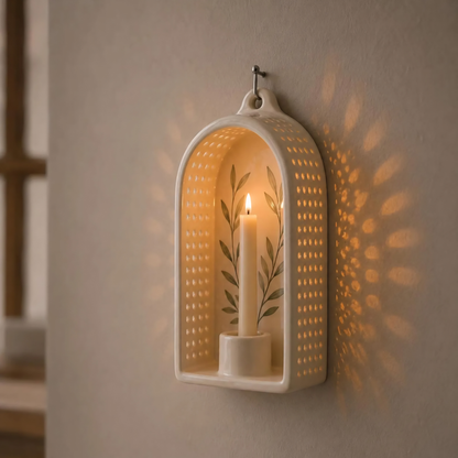 Perforated Ceramic Wall Sconce, Handmade Candle Lantern, Taper Candle Holder, Botanical Light Decor, Tealight Holder, Housewarming Gift | LA138