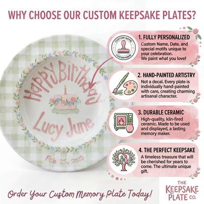 Personalized Birthday Plate – Green Gingham Floral Wreath & Cake Design | B064
