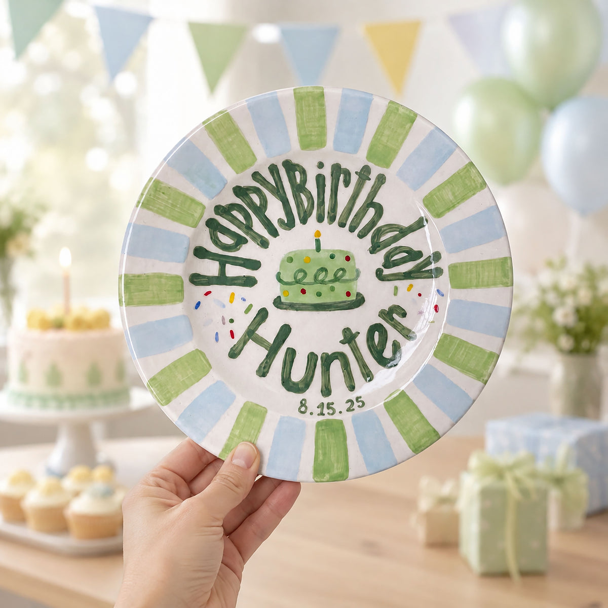 Personalized Green Blue Birthday Plate, Custom Ceramic Birthday Dish, Striped Cake Plate, Boys Birthday Tradition Heirloom Keepsake | B021