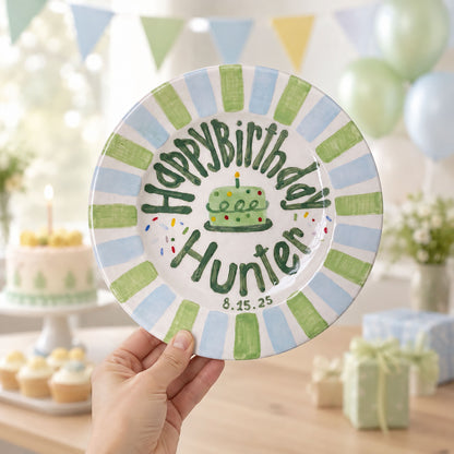 Personalized Green Blue Birthday Plate, Custom Ceramic Birthday Dish, Striped Cake Plate, Boys Birthday Tradition Heirloom Keepsake | B021