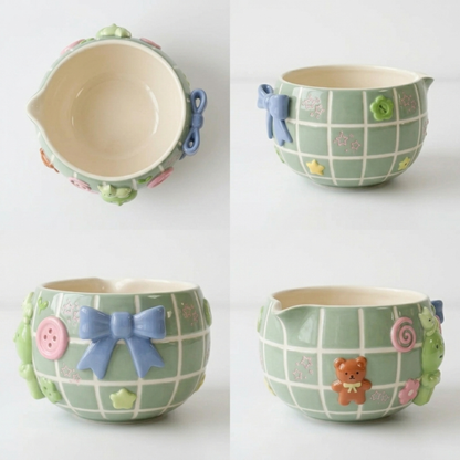 Cute Smiski 3D Pastel Ceramic Matcha Bowl and Whisk Holder Set – Handcrafted Matchawanwl • HX02