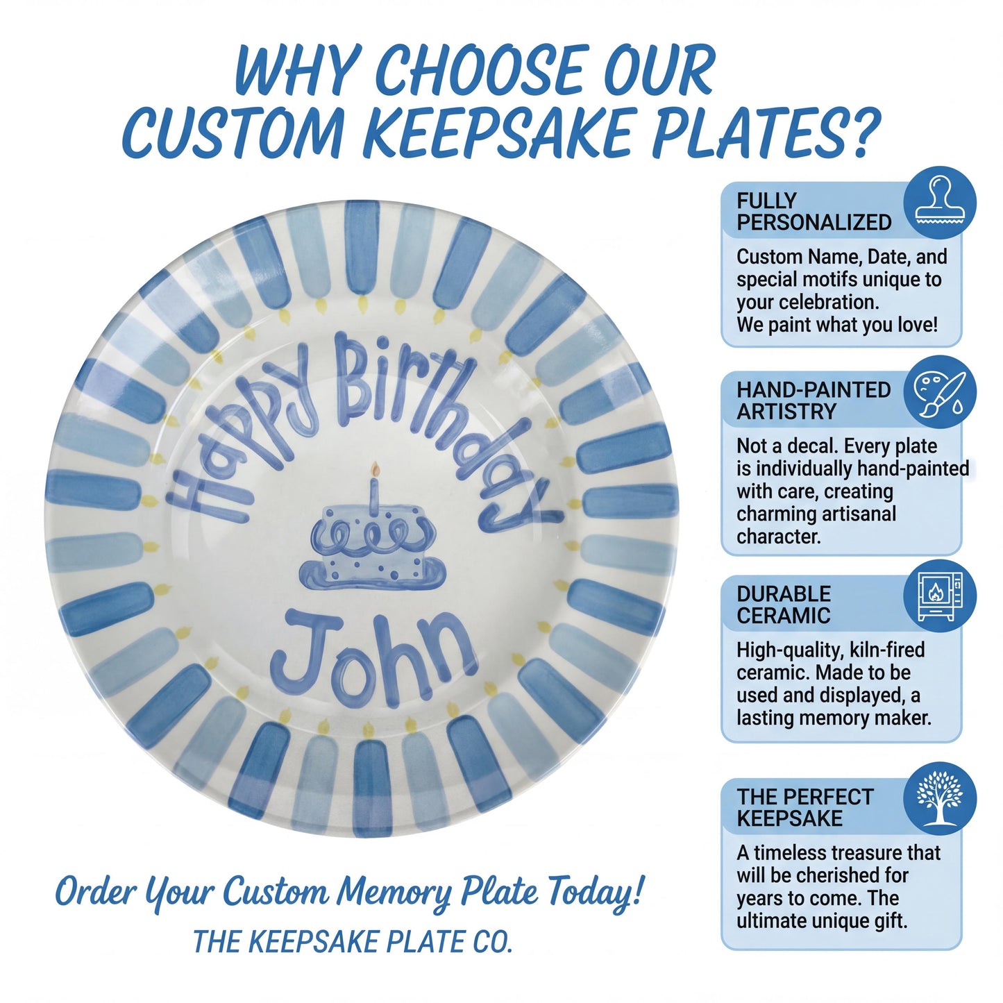 Personalized Birthday Plate – Blue Cake & Stripe Design | B032
