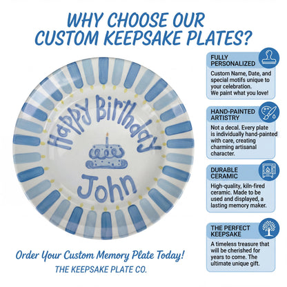 Personalized Birthday Plate – Blue Cake & Stripe Design | B032