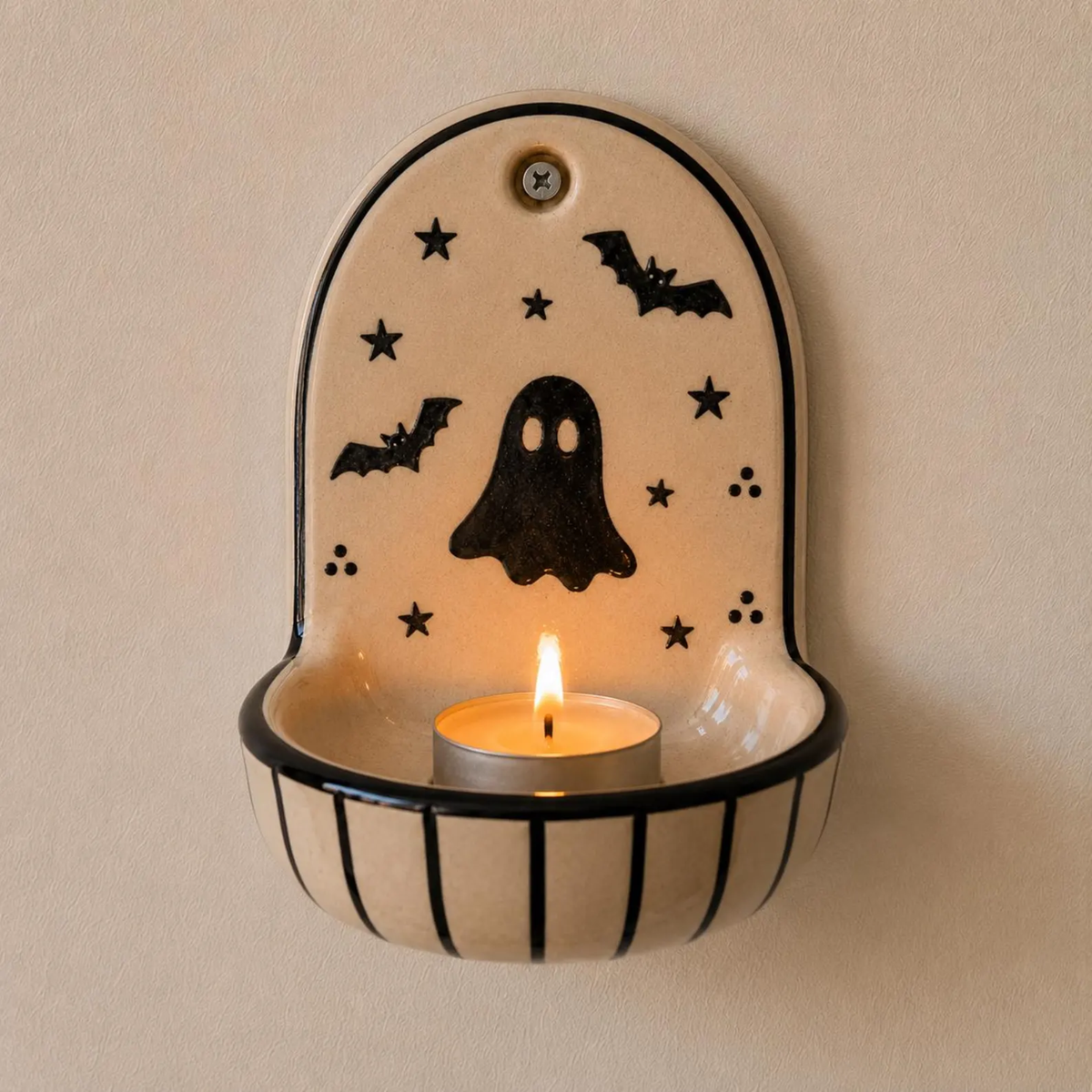 Handmade Ceramic Halloween Ghost Wall Sconce Candle Holder, Vintage Spooky Black Bat Tealight Holder Wall Hanging, Halloween Decor • HX48