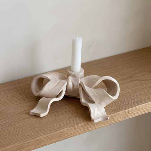 Handcrafted Ribbon Bow Ceramic Candle Holder, Pink Nude Coquette Taper Candlestick Stand • HX38