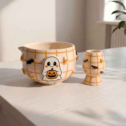 Handmade Halloween Matcha Bowl Set, Ghost Ceramic Chawan with Whisk Holder, Cute Pumpkin Matcha Bowl, Fall Tea Lover Gift | LA036