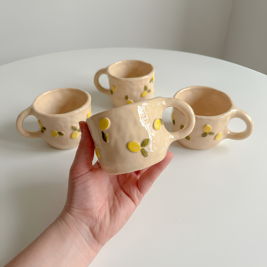 Handmade Ceramic Lemon Mug – Aesthetic Wavy Clay Coffee & Tea Cup • HX51